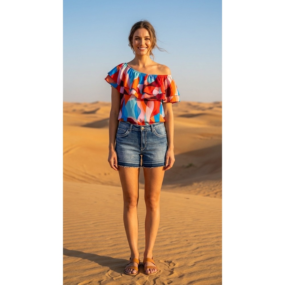 AndThewhy Womens Size Large Bohemian Geometric Print Top Off Shoulder Ruffle NWT